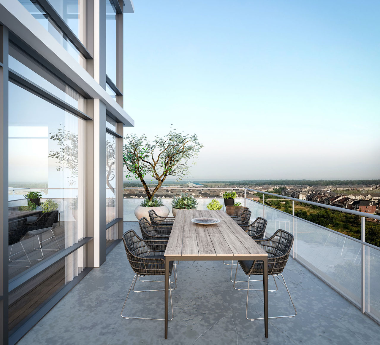 Rendering of Distrikt Trailside 2.0 Condos suite outdoor terrace with dining.