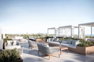 Rendering of Westport Condos rooftop terrace with views of Toronto.