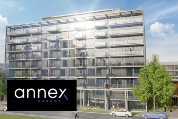 Rendering of The Annex Condos in Calgary with logo overlay.