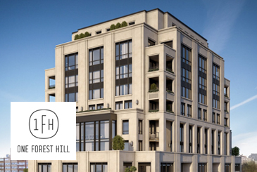 Exterior rendering of One Forest Hill with logo overlay.