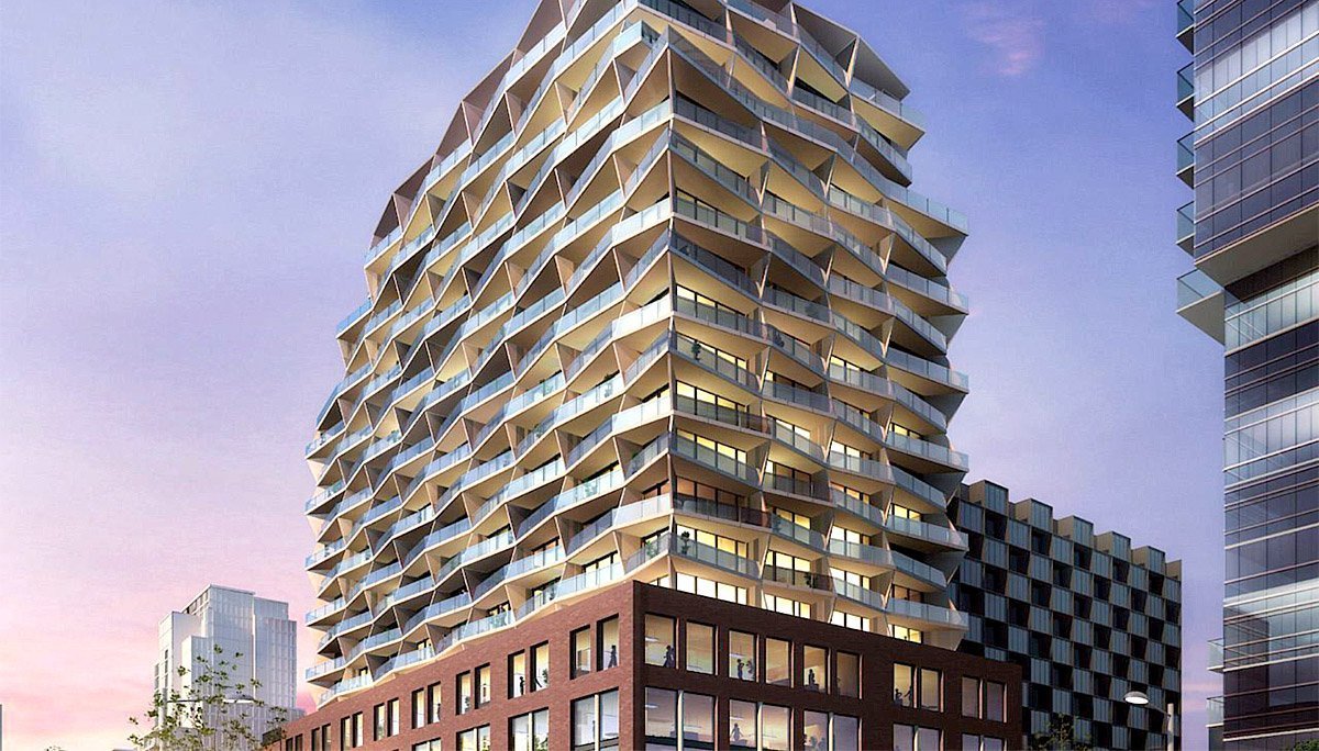 Partial rendering of 663 King Street West Condos at dusk.
