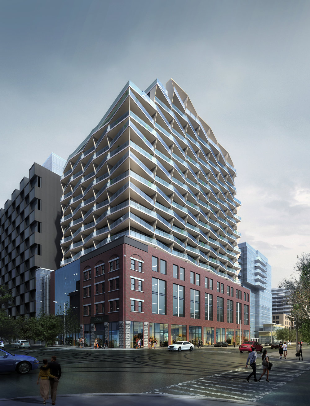 Rendering of 663 King Street West Condos on a cloudy day.