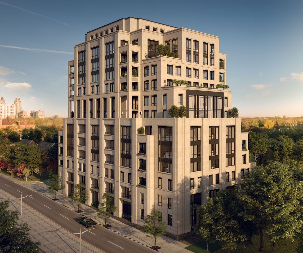 Exterior rendering of One Forest Hill Condos at dusk.