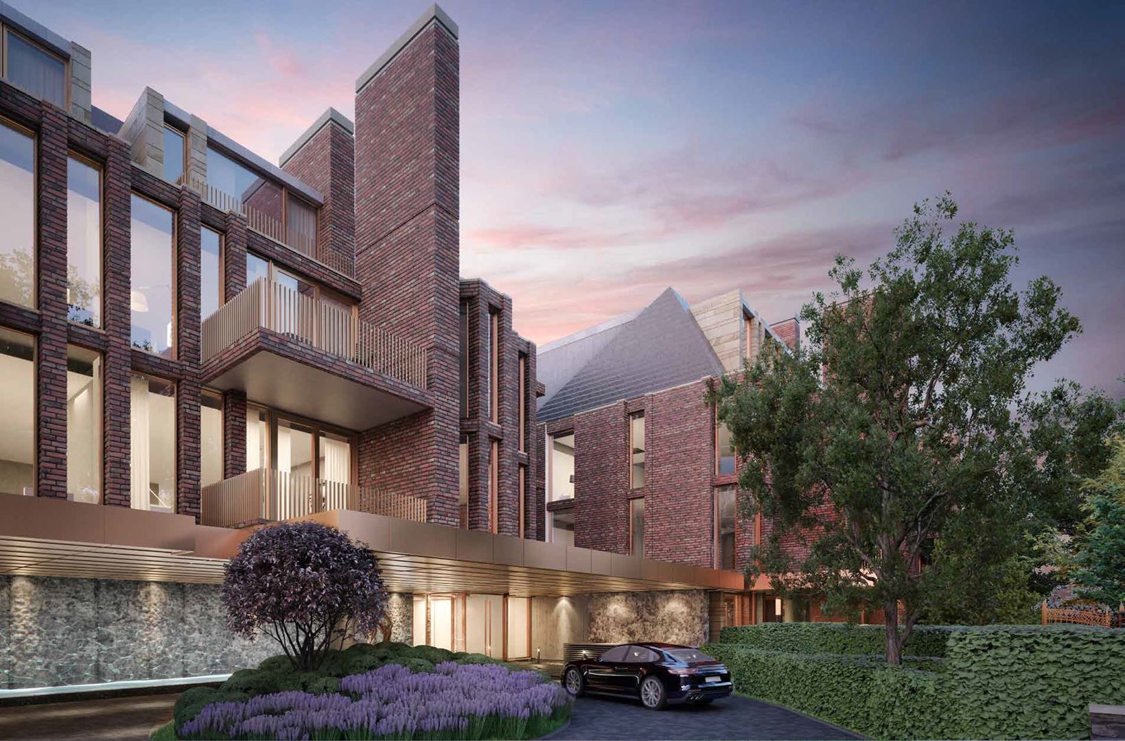 Rendering of No. 7 Rosedale Condos exterior entrance at dusk.