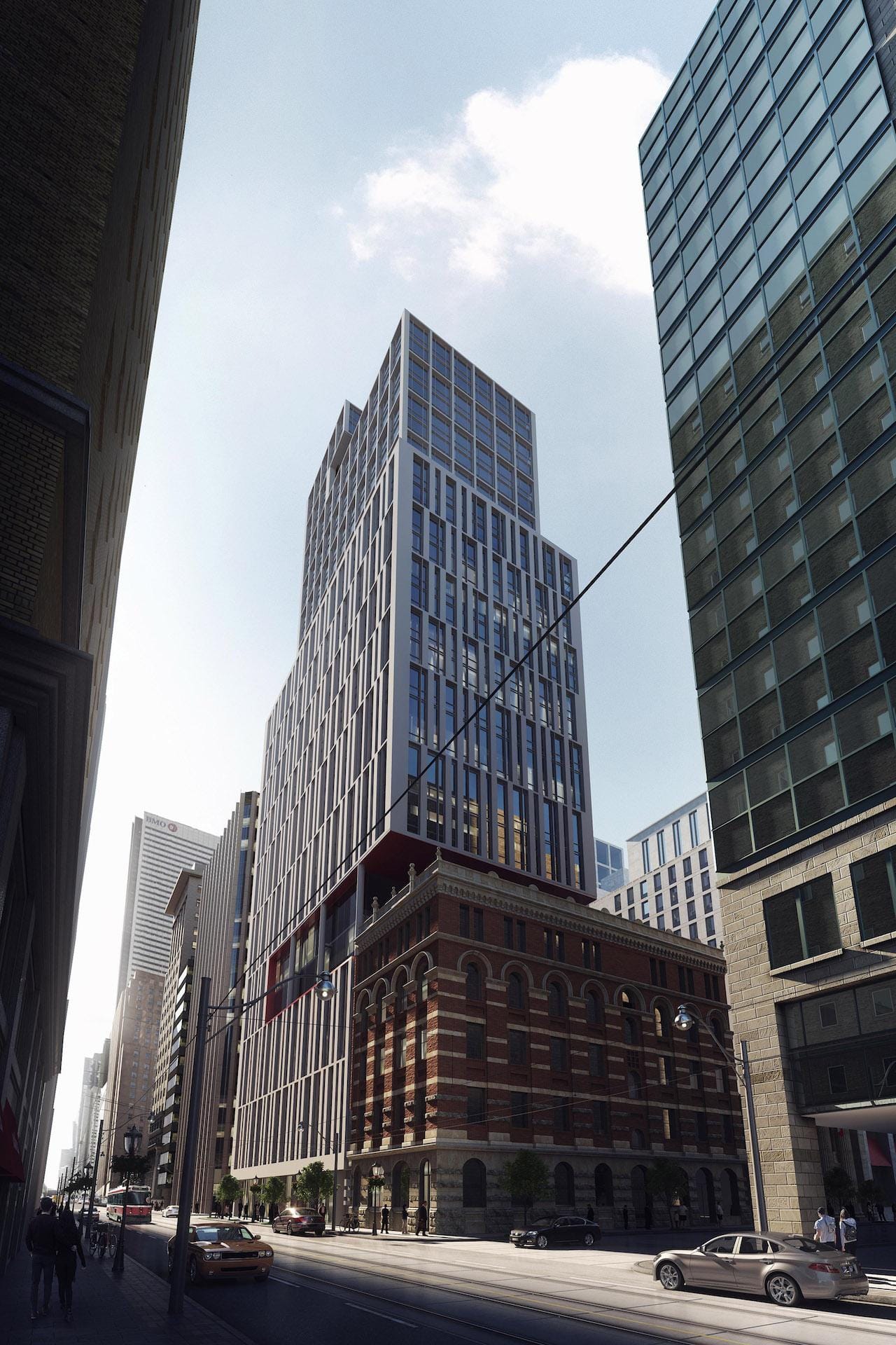 Full exterior rendering of 34 King Street East Condos during the day.