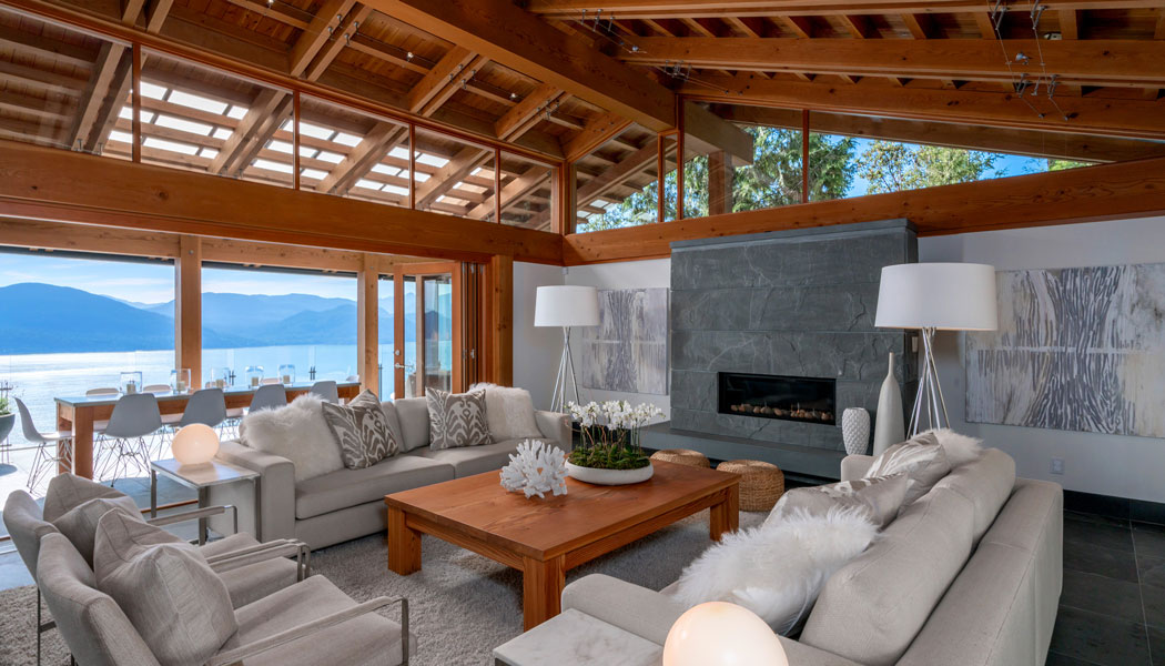 Lakehouse living room with views of the water.