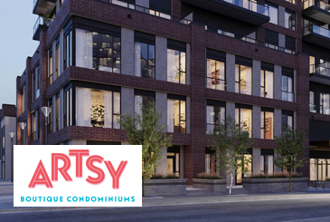 Artsy Condos exterior rendering with logo overlay.