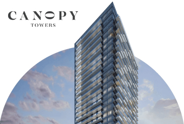 Rendering of Canopy Towers Condos with logo overlay.