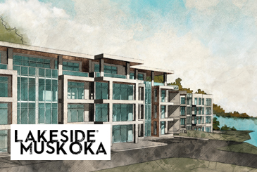 Lakeside Muskoka Condos rendering with logo overlay.