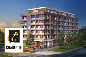 Rendering of The Charlotte Boutique Condos with logo overlay.