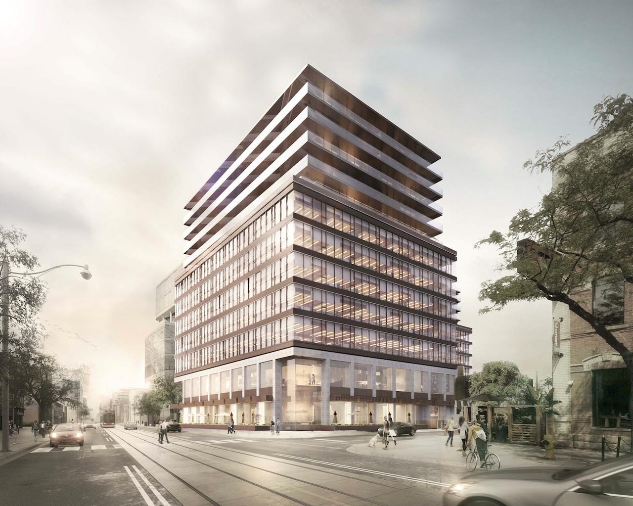 Side-view exterior rendering of 5445 King West Condos in Toronto.