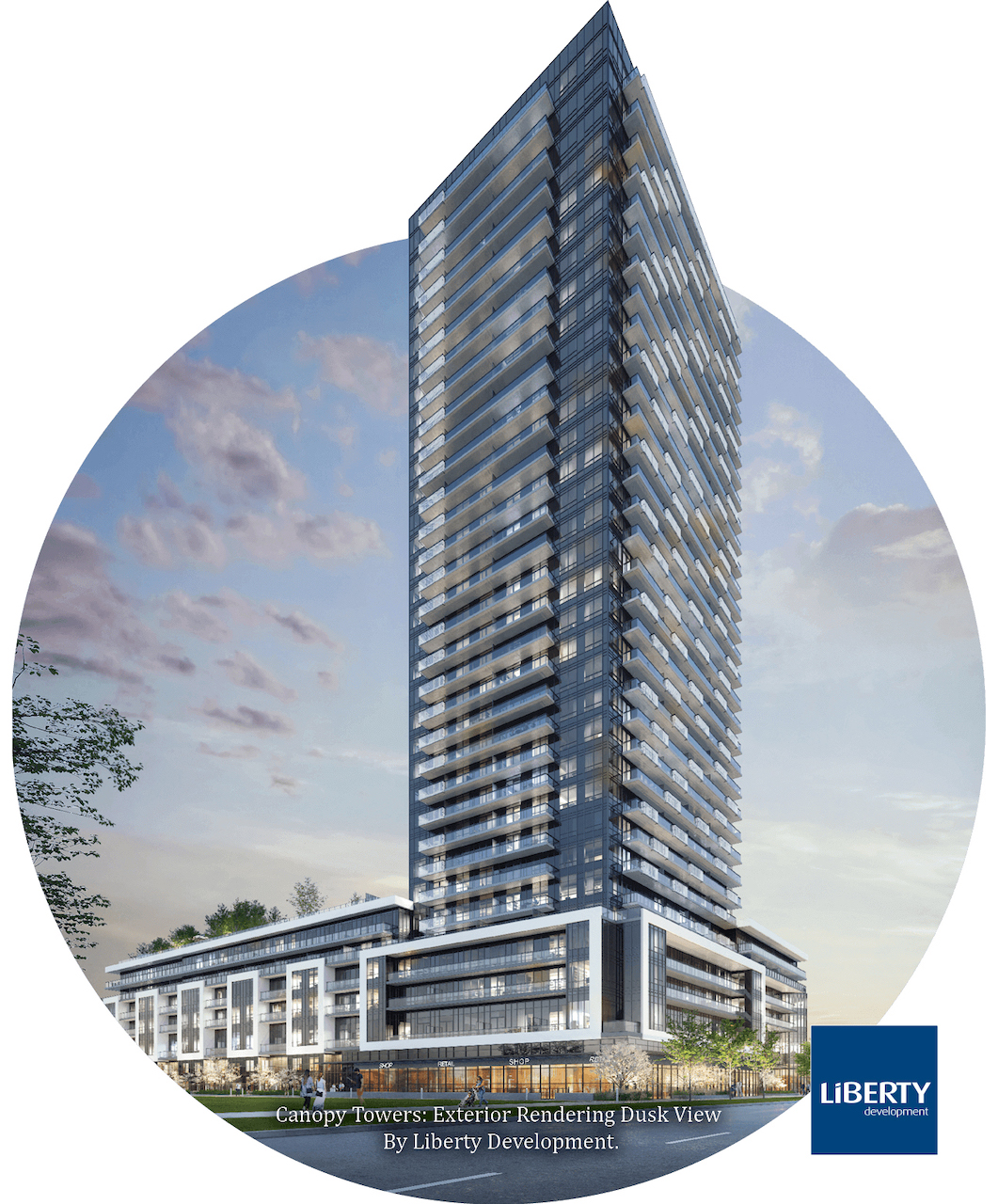 Rendering of Canopy Towers Condos full exterior.