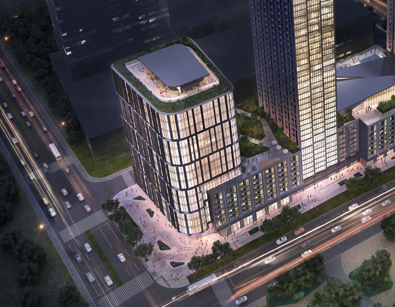 Exterior rendering of 7800 Jane Condos commercial building at night.