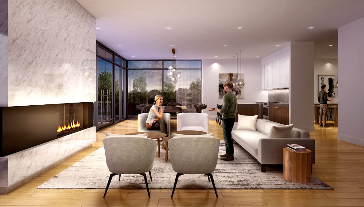 Rendering of The Charlotte Boutique Condos party room with lounge.