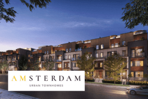 Rendering of Amsterdam Urban Townhomes with logo overlay.