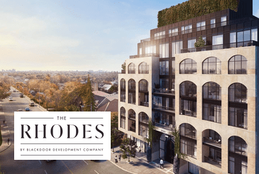 Rendering of The Rhodes Condos with logo overlay.