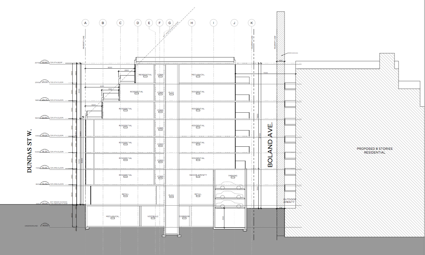 Architectural plan of 1494 Dundas Street West Condos by RAW Design for Block Developments.