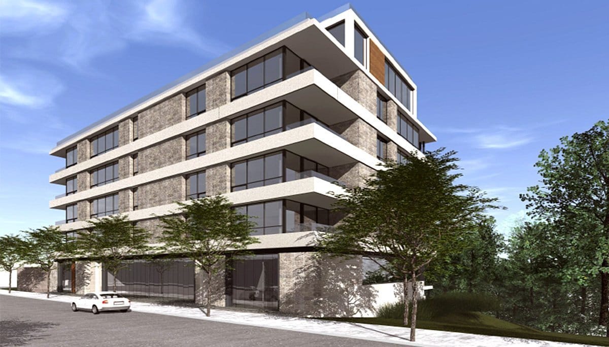 Rendering of 847 Kingston Road Condos building front-view exterior.
