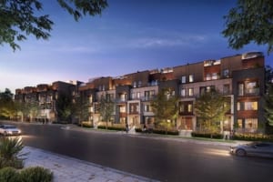 Streetscape evening rendering of Amsterdam Urban Townhomes in Toronto.