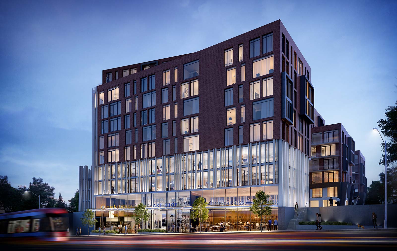 Exterior rendering of Carlyle Junction Condos at night