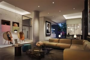 Rendering of Liberty House Condos lobby in the evening.