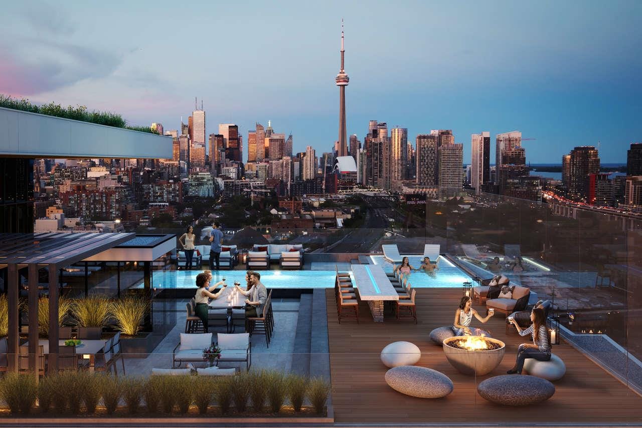 Rendering of Liberty House Condos rooftop patio with lounge area and outdoor pool.