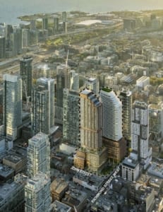 Aarial rendering of RioCan Hall Condos and surrounding area.