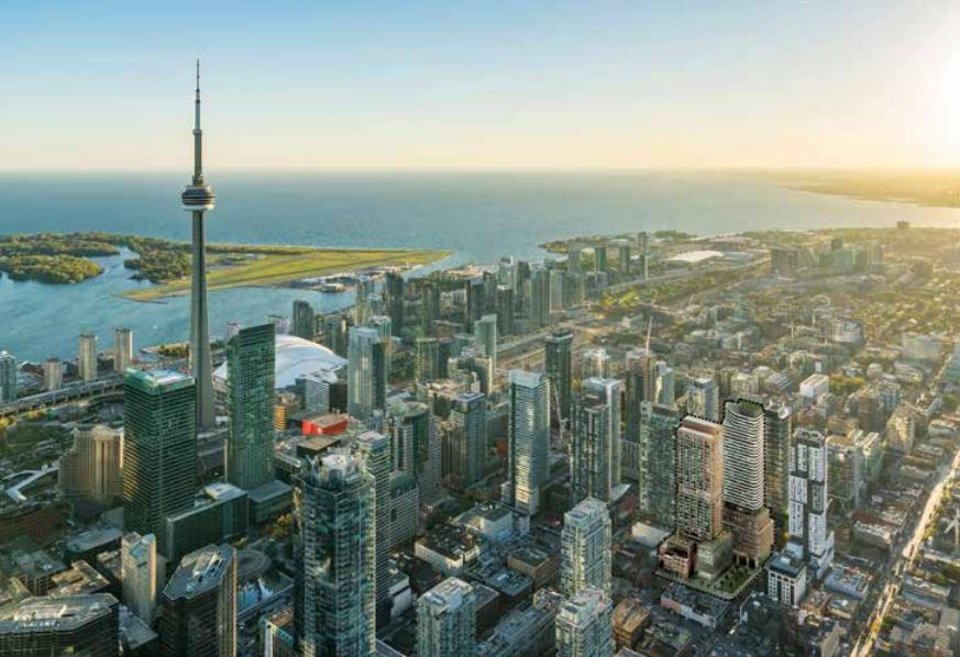 Aarial rendering of RioCan Hall Condos and the Toronto skyline with CN Tower.