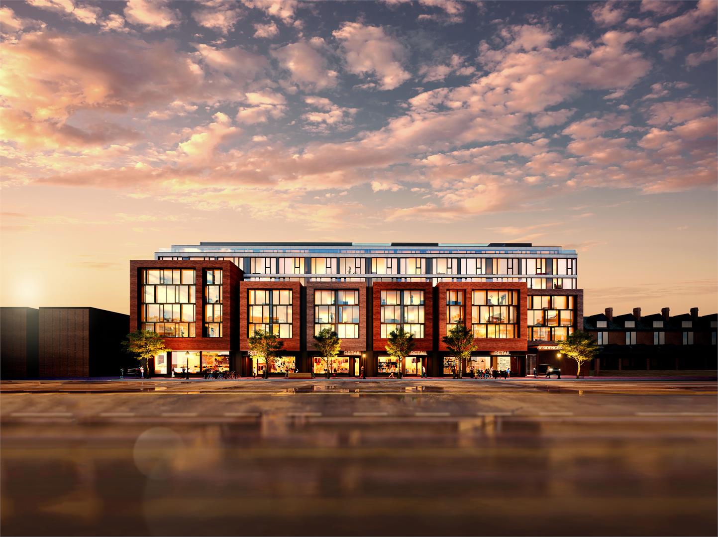 Exterior rendering of The Carvalo on College Condos in the evening.