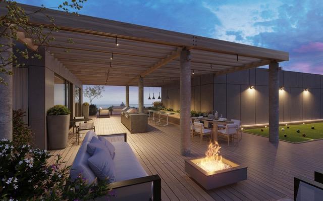 Exterior rendering of The Carvalo on College Condos rooftop lounge.