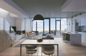Interior rendering of The Carvalo on College Condos open-concept suite.