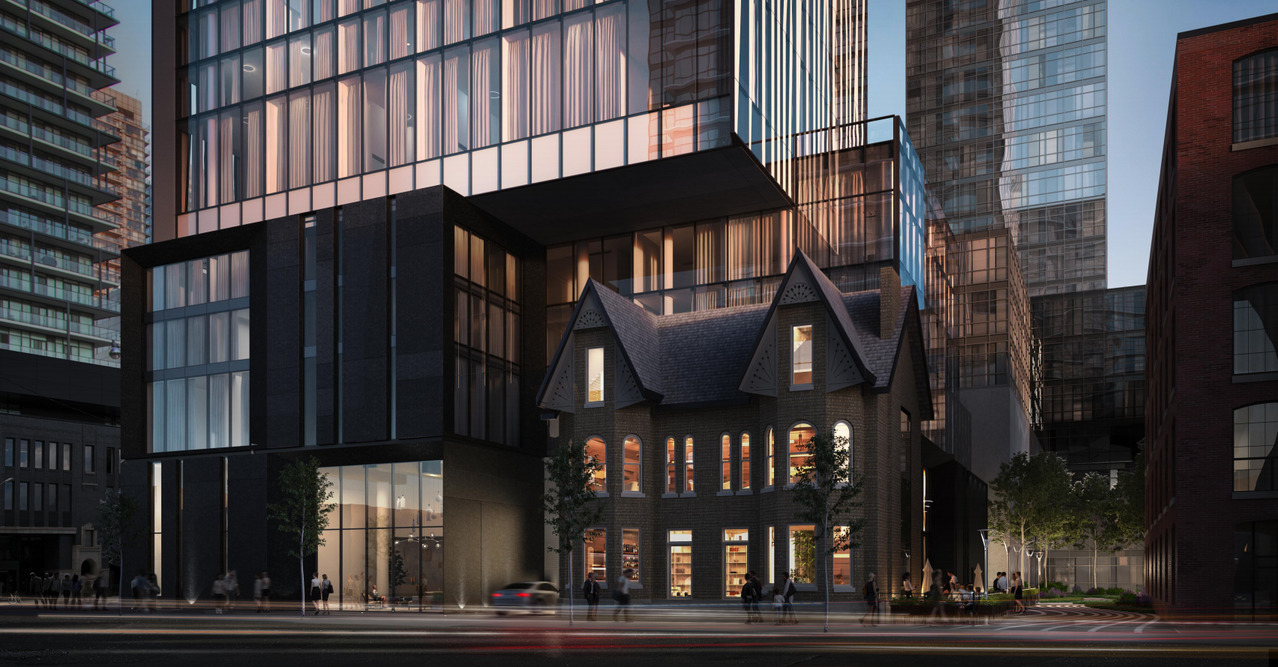 Nighttime front rendering of 122, 124, 126 and 128 Peter Street and 257 and 259 Richmond Street West Condos in Toronto