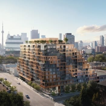 Exterior rendering of 28 Eastern Condos in Toronto's Corktown Neighbourhood.