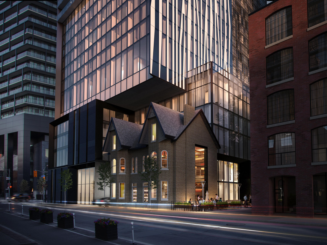 Nighttime side rendering of 122, 124, 126 and 128 Peter Street and 257 and 259 Richmond Street West Condos in Toronto