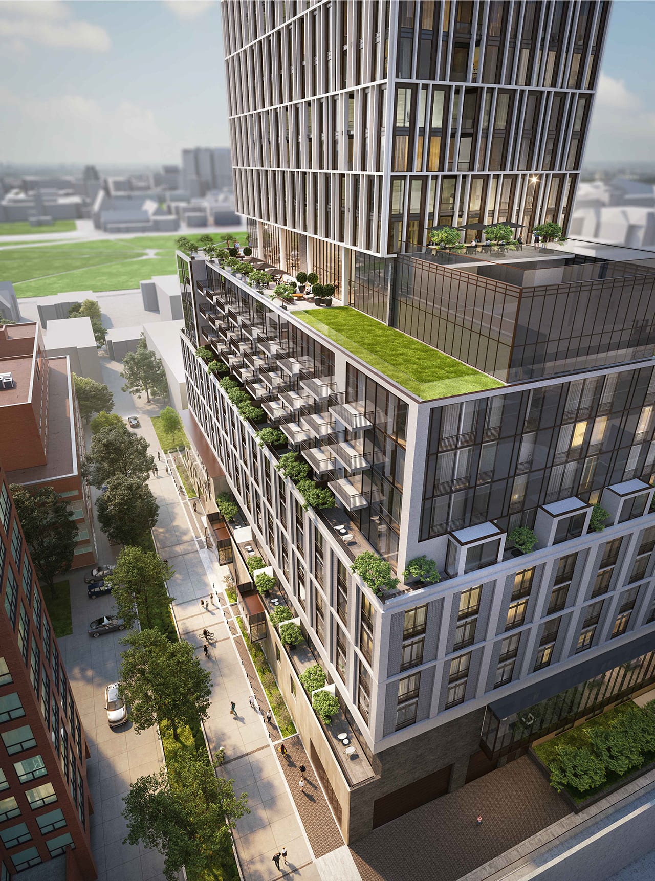 Rendering of 95 St Joseph Condos Exterior aerial with rooftop greenery