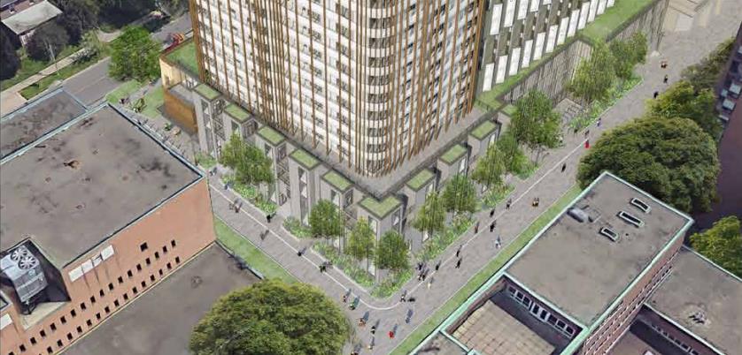 Aerial street-view and partial building rendering of 95 St Joseph Condos in Toronto.