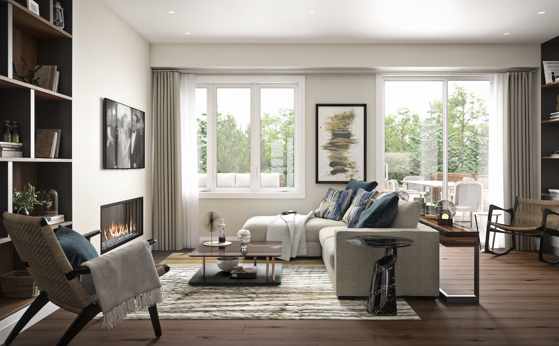 Rendering of Community Crafted Towns suite living room with fireplace.