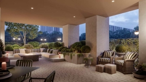 Rendering of Raglan House Condos amenity terrace with park