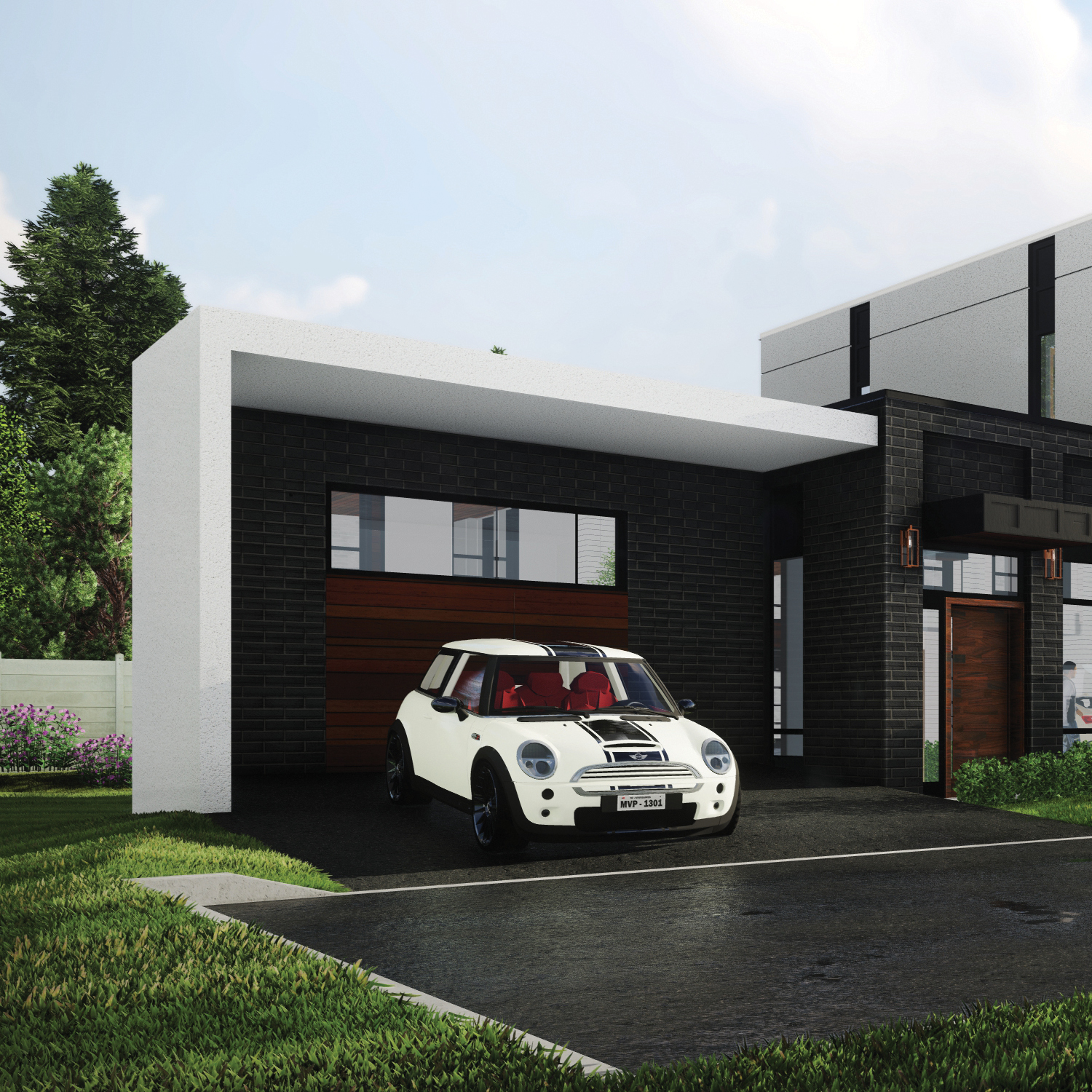 Rendering of Glendor Towns unit with large garage and parking space.