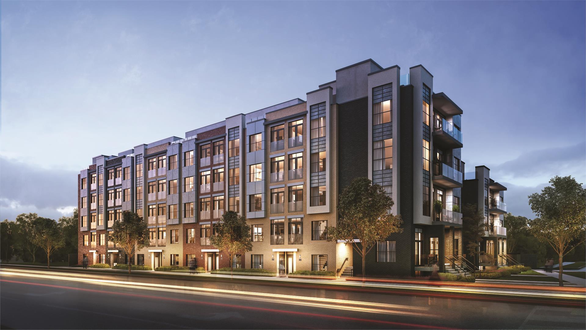 Rendering of Harrington Residences building exterior at dusk with streetscape.