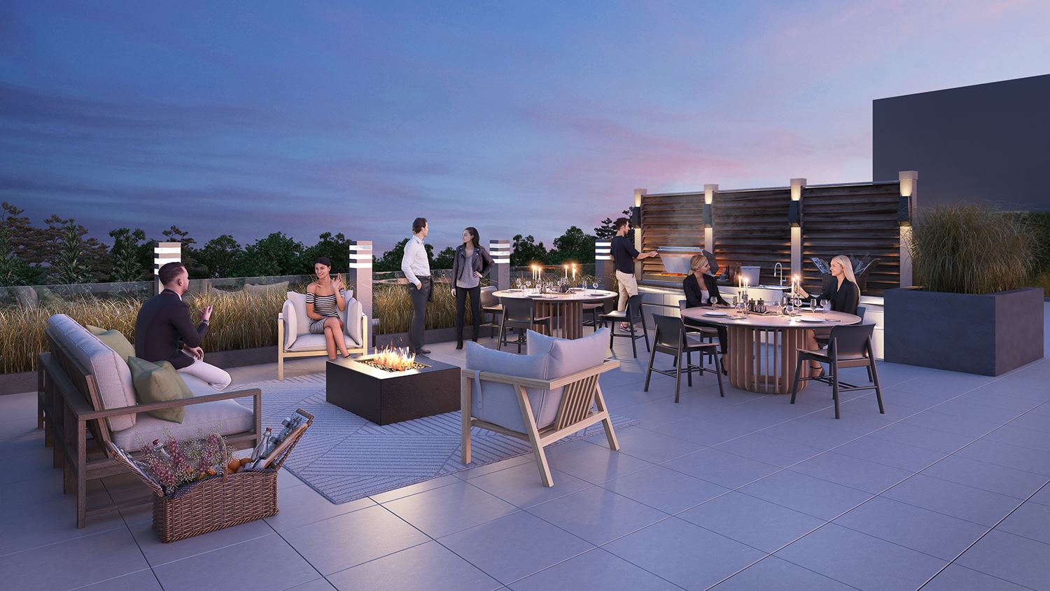 Rendering of the Harrington Residences rooftop terrace at night.