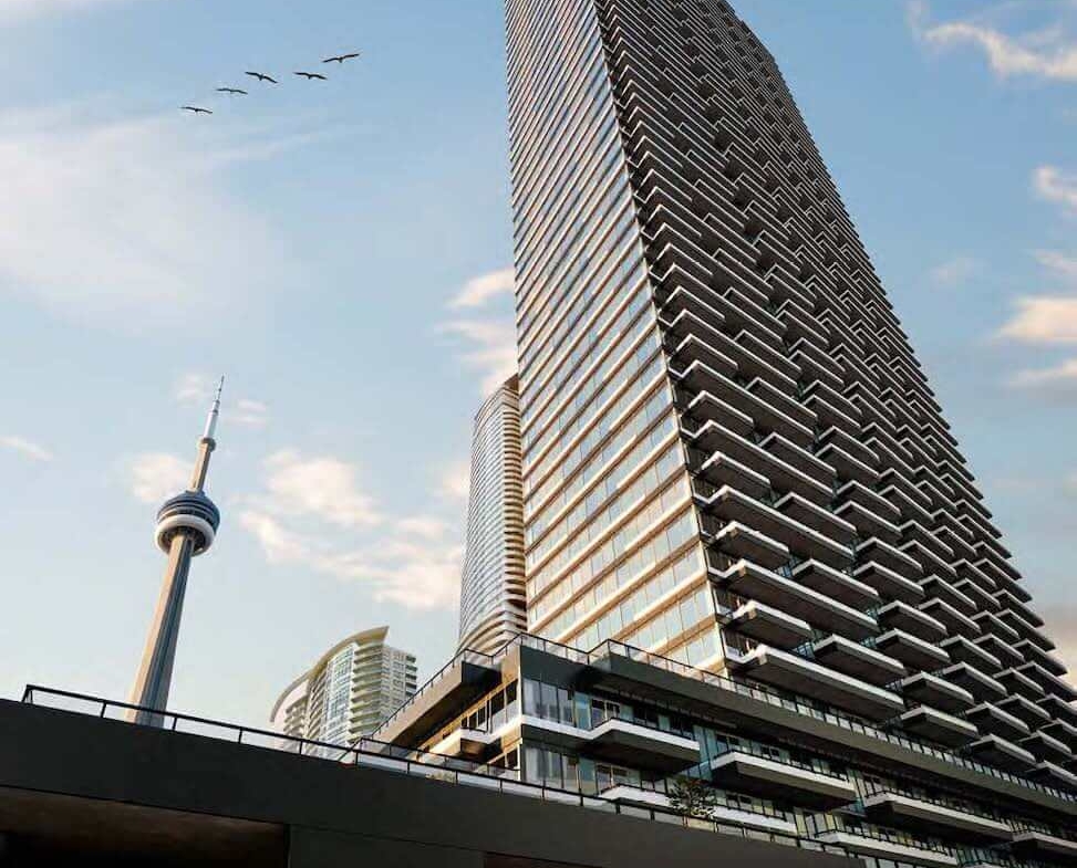 Q Tower condos exterior rendering worms eye view