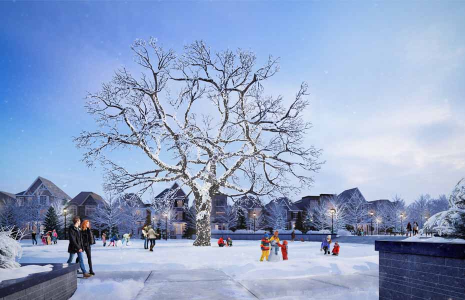 Rendering of Union Village community land with preserved bur oak tree in the winter.