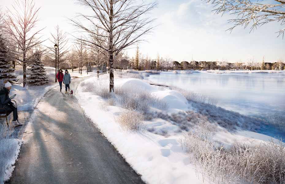 Rendering of Union Village community pond in the winter.