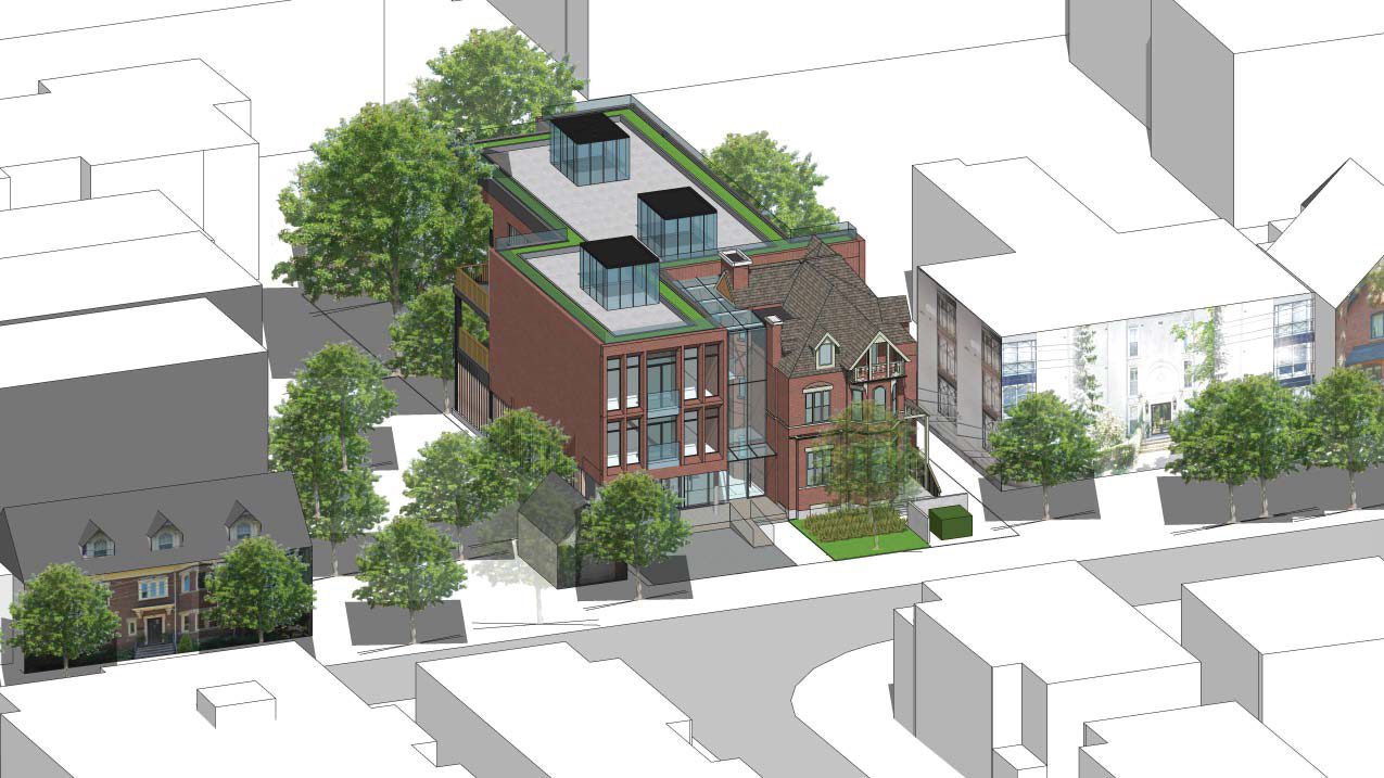 Aerial front-facing rendering of 101 Heath Street Condos.