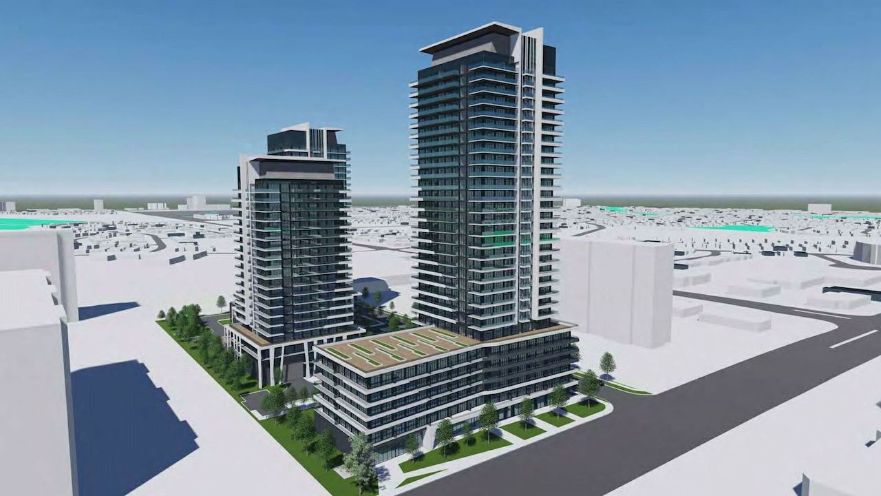 Rendering of 1221 Markham Road Condos exterior 2-towers side view.