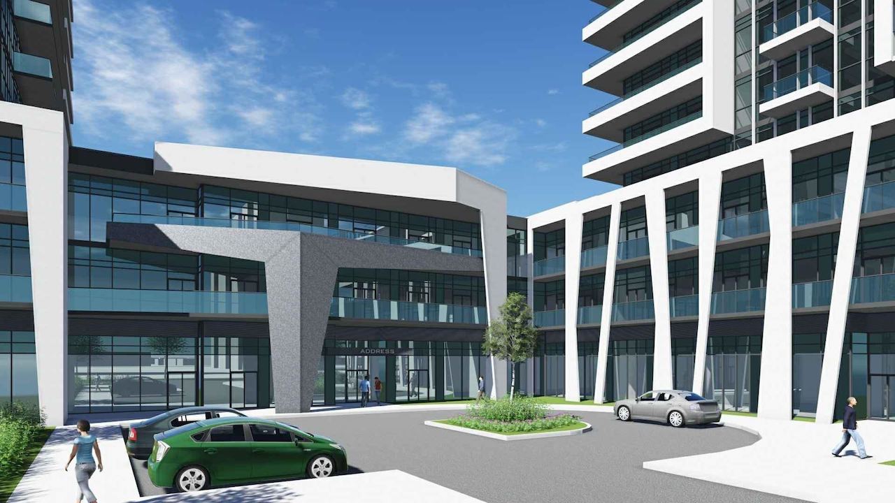 Rendering of 1221 Markham Road Condos exterior entrance area with courtyard and parking.