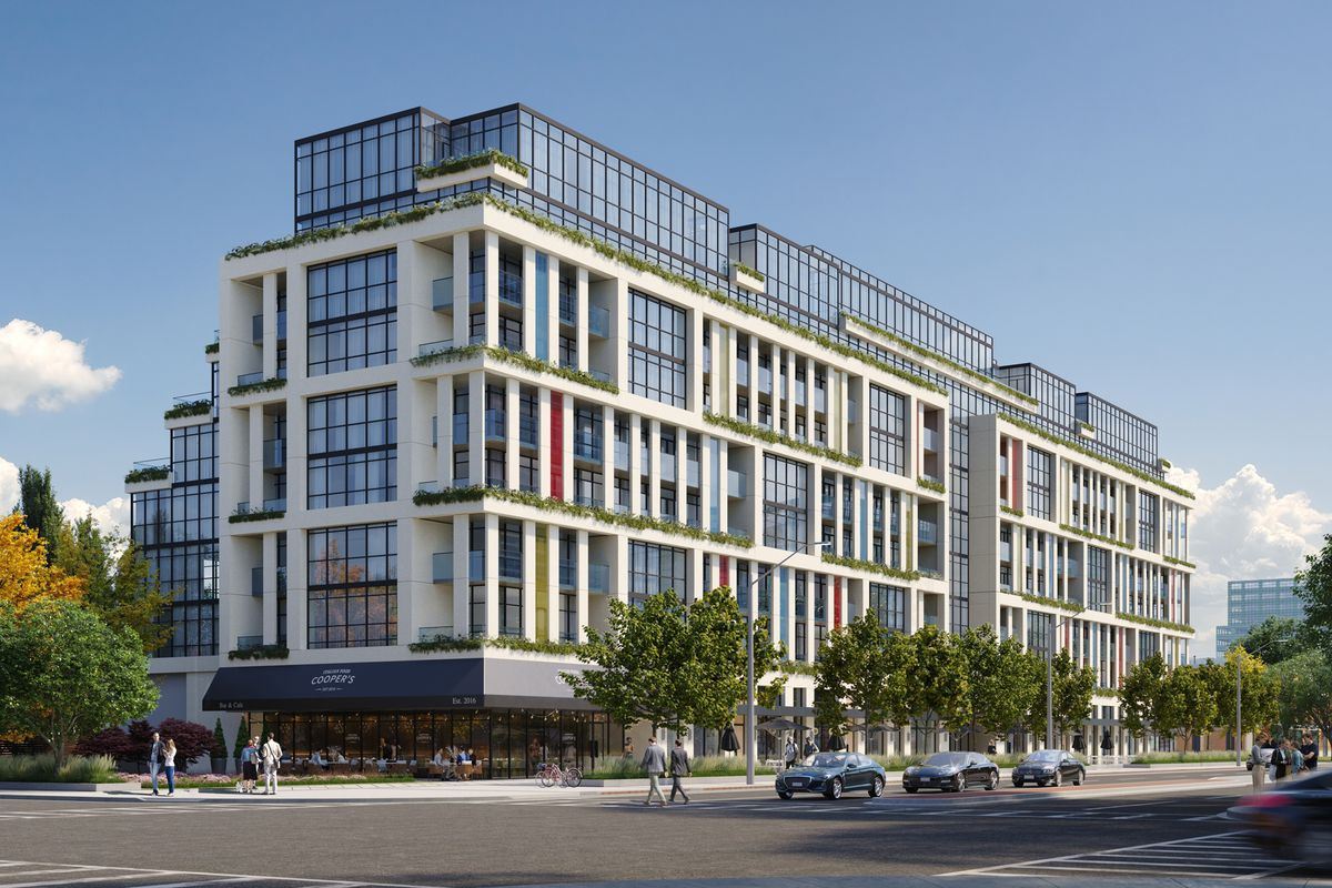 Rendering of 181 East Condos exterior and streetscape.