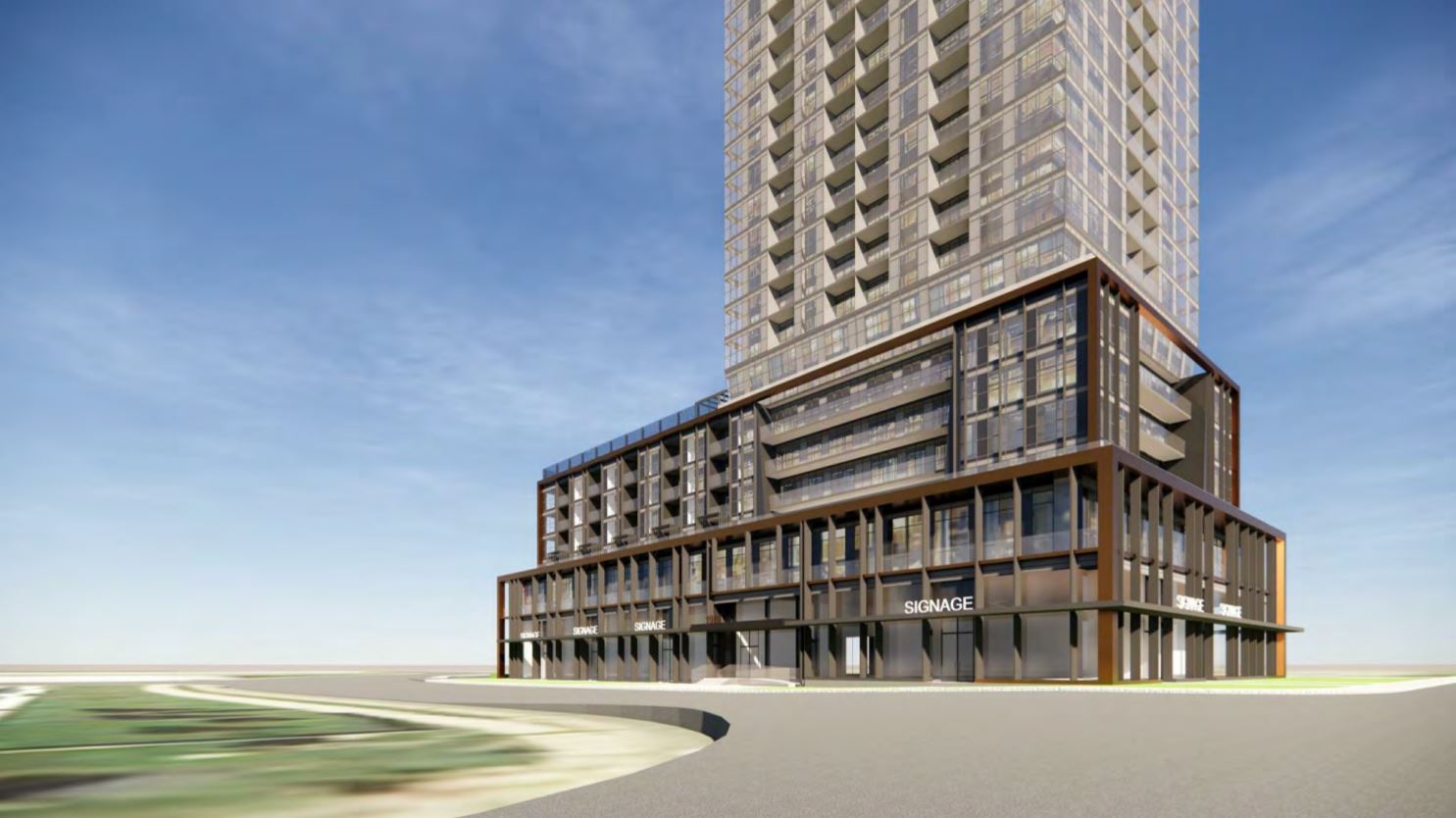 Rendering of 1910 Eglinton East Condos exterior and streetscape.