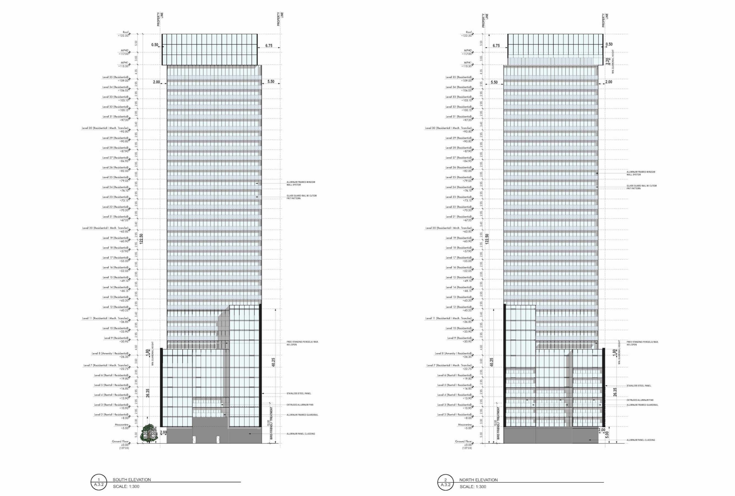 Architectural Plan of 241 Redpath Condos North and South Elevation